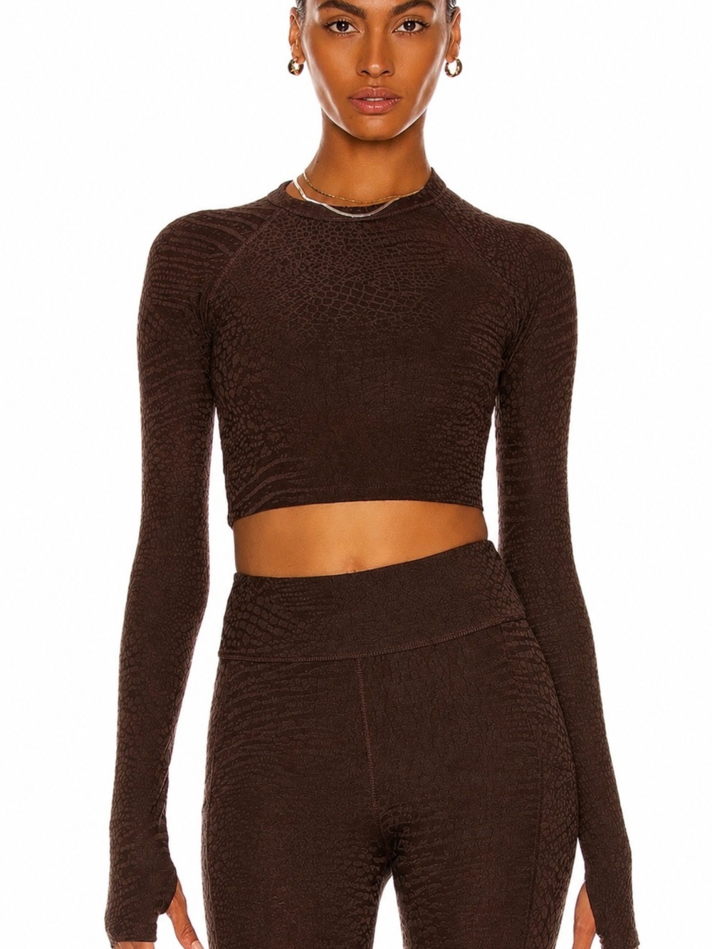 Twenty Montreal Brown Textured Long-Sleeve Activewear Crop Top